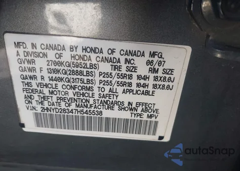2007 Acura Mdx Technology Package z USA, uszkodzony, nr VIN 2HNYD28347H545538